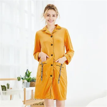 Bežné dámy velvet odev Sleepshirts Jeseň zima sexy tričko s dlhým rukávom šaty vintage Yellow Tlačidlo krátke sleepwear RU