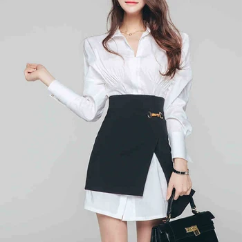 Nový príchod módne kórejský nastaviť ženy jar bežné OL temperament biela single-breasted šaty a čierne mini sukne dve dielna sada