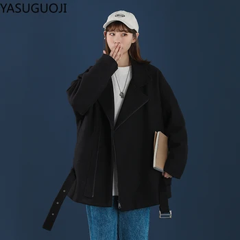 YASUGUOJI Solid Vlny Kabát Ženy s Pásom 2020 Zimné Voľné Zase dole Golier Zimná Bunda kórejský Modis Casaco Feminino