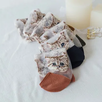 1 Pár Žien Ponožky Letné Módy Vlákna Výšivky Mačka Žena Ponožky Transparentné Roztomilý Dievča Acetátové Vlákna Ponožky