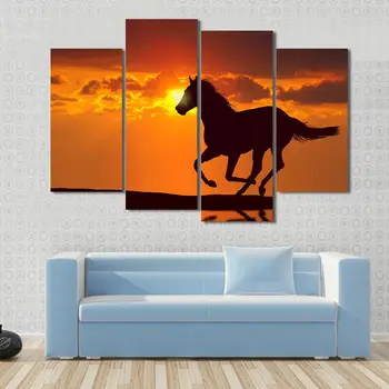 4 Ks/set HD Kôň Beží Počas západu Slnka S Vodou Odraz Plátno na Maľovanie, Dekorácie Pre Domov Wall Art Vytlačí Canva A913