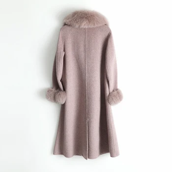 Fox Kožušiny Golier 5% Cashmere 95% Vlna Bunda na Jeseň Zima Ženy Oblečenie 2020 kórejský Vintage Vlnené Kabát Dlhé Topy ZT4896