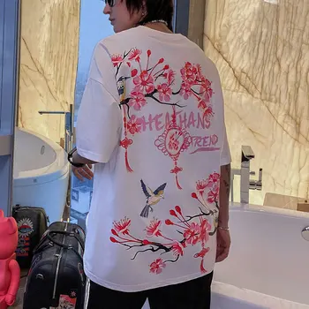 LINDSEY SEADER pánske Tričko Čínskej Kultúry Slivkové Kvety Kvetov Vytlačené Hip Hop Nadrozmerné Bavlna Bežné Harajukur Top Tshirts
