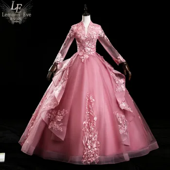 Luxusné bean ružová výšivky golier dlhý rukáv, plesové šaty, šaty Renesancie Šaty kráľovná šaty Viktoriánskej/márii Antoinette Belle
