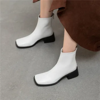 Smirnova Členková obuv 2020 originálne kožené topánky hrubé vysoké podpätky štvorcové prst ženy topánky na jeseň zimné dámske topánky čierne biele
