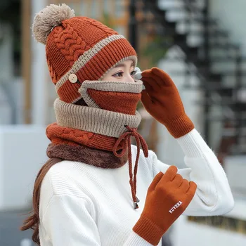 2020 Nové Zimné Maska Klobúk, Šatku Nastaviť Hrubé Teplé Ženy Zimné Príslušenstvo Fleece vo Vnútri Pletené Klobúk, Šatku Nastaviť 4pcs Zimné Čiapky