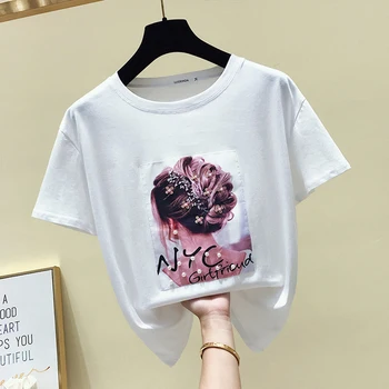 Tričko Femme Imprim Tee Tričko Ženy Bavlna Lištovanie Nová Žena Oblečenie 2020 Letné Topy Karikatúra Tlače T-Shirt Bežné Plus Veľkosť