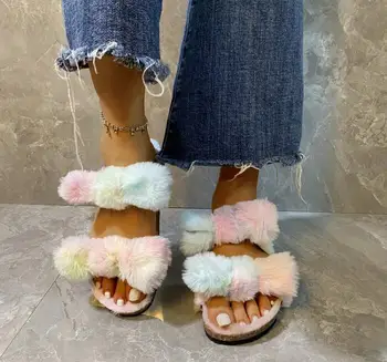 Double-layer bowknot fox kožušiny fashion one-line kožušiny, obuv plus veľkosť leopard tlač ms papuče 2020 ploché domov žien sandále