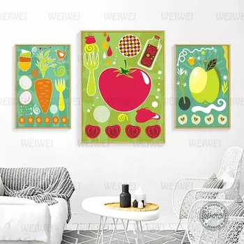 Karikatúra, Farebné Ovocie a Zelenina Plátno na Maľovanie Apple Kvet Plagáty na Stenu Umenie Obrázok pre Kuchyňa, Jedáleň, Moderný Dekor