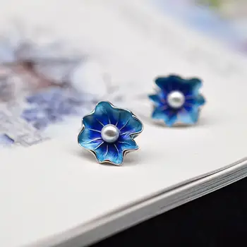 Striebrom vykladané prírodné South Sea pearl spálené modrá cloisonne lotus leaf náušnice Čínsky elegantný retro šarm ženy značky šperky