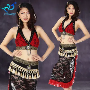 Orientálneho Brušného Tanca Tribal Čipky Kostým Nastaviť Indický Tanec Podprsenka Topy Hip Šatku Zábal Sukne Pás Bollywood Fáze Ženy Sexy Nosenie
