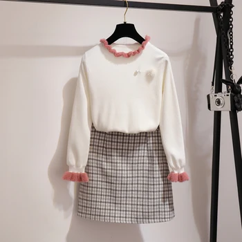 Sladké svetre teplý sveter turtleneck top knitwear mriežky vlnené sukne dva-kus oblečenie set sa ženy oblečenie vestio lady oblečenie
