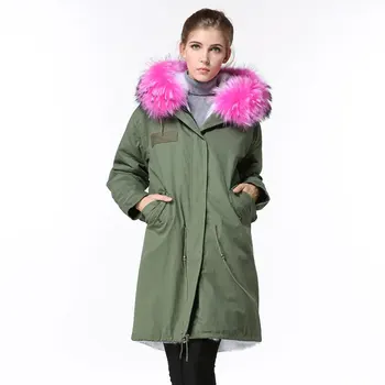 Zimné Army Zelená dlhú Srsť bunda ženy Veľký Raccoon Ružová kožušiny golier Vetrovka