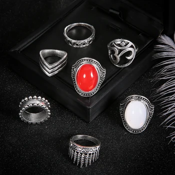 Jewdy Červené Biele Opálové Vyhlásenie Koleno Krúžky, Sada Pre Ženy Boho Geometrický Vzor Kvet Prst Šperky Zimná Strana Darček 2020