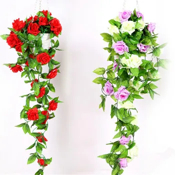 250 CM Hodváb Ruže kvety Ivy Viniča s Zelené Listy Pre Domáce Svadobné Dekorácie Falošný list diy Visí Garland Umelé Kvety