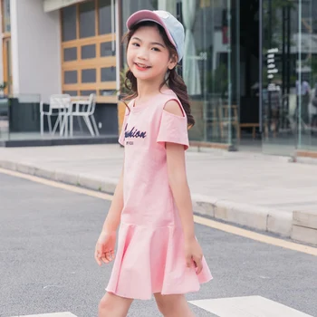 Dievčatá Oblečenie z Čistej Bavlny kórejský Štýl, Deti, Dievčatá Rameno-off Šaty, detské Letné Oblečenie List Tlač Ružové Dievčenské Šaty