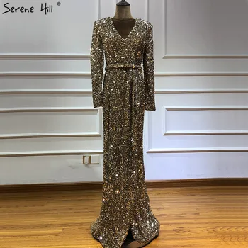 Dubaj Luxusné Zlaté Dlhé Rukávy Najnovšie Večerné Šaty Vzory 2020 Lištovanie Sequined Večerné Šaty Real Foto LA60769