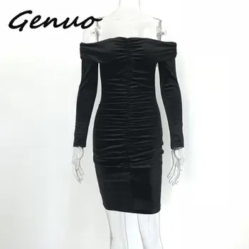 Genuo 2019 Nové Jarné Midi Šaty Solid Black Elegantný Bežné Mimo Ramenný Zamatové Šaty, Sexy Klub Dlhý Rukáv Bodycon Party Šaty
