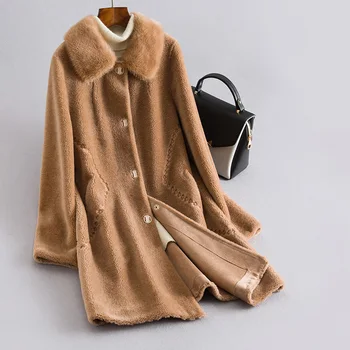 Mimo sezóny noriek v strednom veku matky cashmere kabát Žien Strednej dĺžky granulované vlna kožušinový kabát
