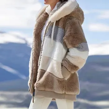 Zimné Kontrastné Plyšové Vatovaný Kabát Teplé Loose Fit Zips Uzavretie Kabát s Kapucňou Rôzne Farby, vrchné oblečenie pre Ženy-B5