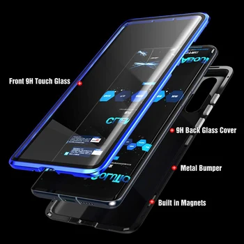 Kovové Magnetické Telefón puzdro Na Huawei P30 P40 Lite Česť 30 Pro 9X 30s P Smart Z Y9 Prime 2019 Dvojité Bočné Tvrdeného Skla Kryt