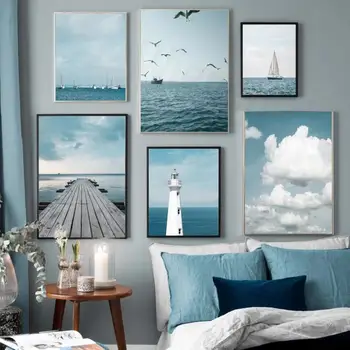 Moderné Plátno Dekor Maľovanie Seascape Oceánu Plavby Loďou Maják Modrá Obloha, Biele Oblaky Plagát, Tlač Stene Obraz Domova
