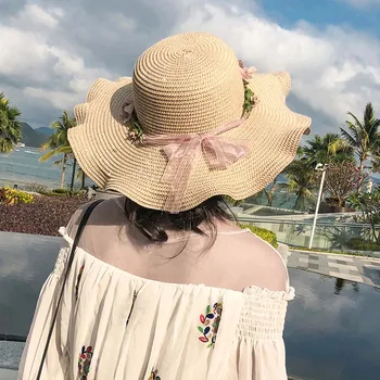 Letné Kórejský Dámy Klobúk Veľké Vlny, Flower Sun Hat Pláži Vonkajšie Slnko Klobúk Opaľovací Krém Slamený Klobúk