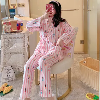 2020 Jeseň Zima Dlhý Rukáv Bavlna Kimono Pajama Sada pre Ženy Tlač Sleepwear Vyhovovali Pyžamo oblečenie pre voľný čas Pijama Mujer Domáce Oblečenie