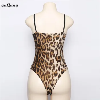 Yuqung Leopard tlač čipky Kombinézu Ženy Sexy hlboko v krku telo top Remienky Dámske obväz Krátke Jumpsuit Combinaison J54