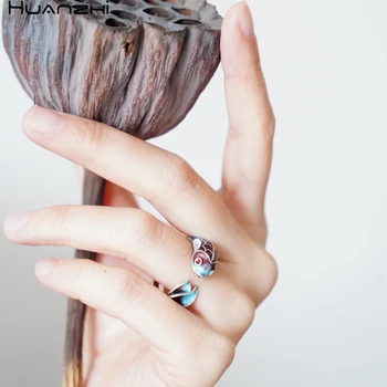 HUANZHI 2020 Nový Smalt Glazúra Koi Fish Farebné Jednoduché Vintage Kovové Otvorenie Prstene pre Ženy, Dievčatá Šperky Jedinečné Darčeky