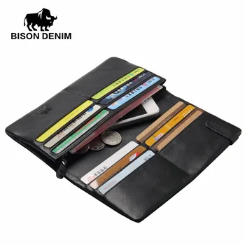 BISON DENIM fashion luxusné originálne kožené mužov peňaženky dlho cowhide obchodné muž držiteľa karty v kabelke peňaženku