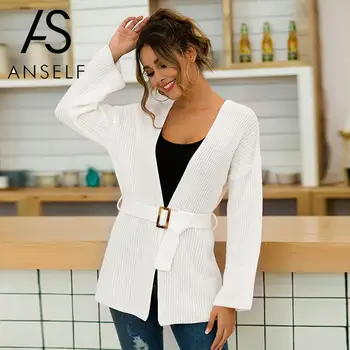 ANSELF 2020 Jeseň Sveter Ženy Pletený Kabát, Bundu Pevné Otvoriť Predné Drop Ramenný s Dlhým Rukávom S Pásom Slim Pletenie Cardigan