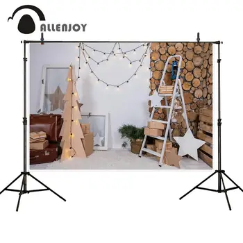 Allenjoy Vianočné fotografie pozadie krytý strom kolo dreva steny rebrík svetlá darček, dekorácia, foto pozadie photobooth