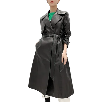 Haining concubine jeseň oblečenie ovce kožené windbreaker strednej dĺžky pravej kože kabát žien pás slim módne kabát