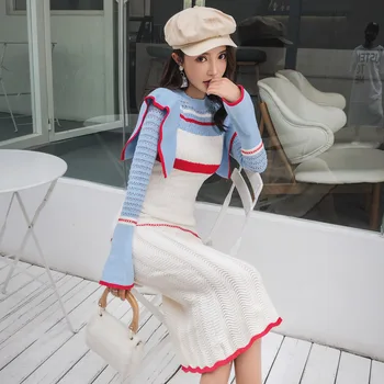 2020 Nové Zimné Pletené Slim Fit Žena Šaty O-krku Hit Farebná Mozaika Svetlice Rukáv Volánikmi Elegantné Šaty Žien kórejský Chic