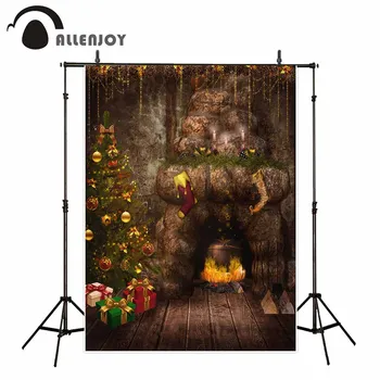Allenjoy Vianočné fotografické pozadie kúzlo vintage krb strom, kameň, strom, drevená podlaha pozadie photocall photo studio