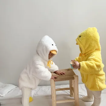 Baby Kombinézu 2020 Nové Jesenné a Zimné Kapucňou Romper Malé Žlté Kačice Baránok Vlna Von Oblečenie Baby Kombinézu