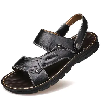 Letné plážové topánky mužov Originálne kožené sandále pevné bežné non-slip s dvojakým použitím, sandále mužov pošmyknúť na bežné obuv muži papuče