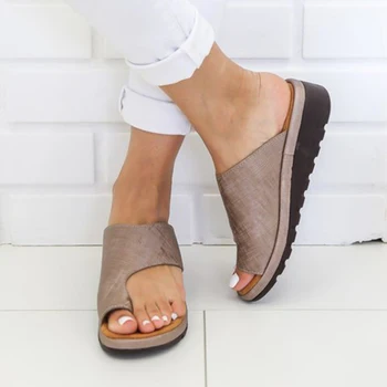 2021 Ženy Kožené Papuče Pohodlný Platformu Ploché Dámy Bežné Mäkké Klip Prst Nohy Korekčné Ortopedické Sandále Bunion Corrector