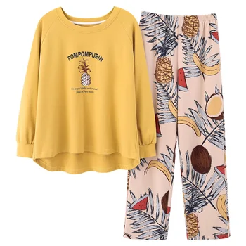 Bavlnené Pyžamo pre Ženy Cartoon Dlhý Rukáv Roztomilý Pyžamá Femme Jeseň Domáce Oblečenie, Pohodlné oblečenie pre voľný čas Ženy Salónik Sleepwear