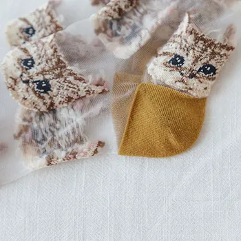 1 Pár Žien Ponožky Letné Módy Vlákna Výšivky Mačka Žena Ponožky Transparentné Roztomilý Dievča Acetátové Vlákna Ponožky