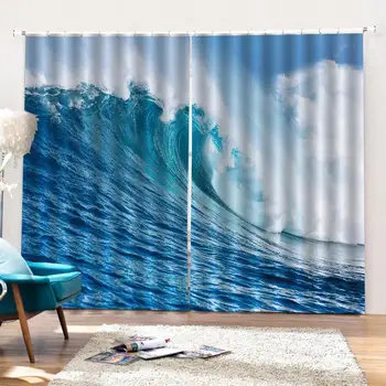 Modré vlny závesy 3D Okne Opony vody tlač Luxusné Zatmenia Pre Obývacia Izba Zatmenie opony