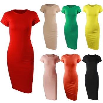 Jeseň Strany jednofarebné Šaty Módne O-krku Krátky Rukáv Ženy Bežné Slim Dlho Ceruzka Šaty Plus Veľkosť Slim Kancelárske Šaty