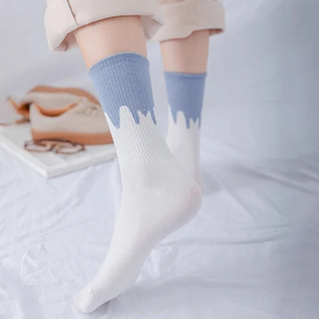 Q Japonský Blue Ženy Ponožky Bavlna Polovice Trubice Priedušná Prúžok, Štvorec Paletu Farieb Dievčatá Ponožky Sokken Dropshipping Dodanie