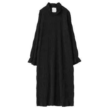 [EAM] Ženy Black Volánikmi Skladaný Dlho Veľká Veľkosť Šaty Nové Rozstrapatené Svetlice Rukáv Loose Fit Módne Príliv Jar Jeseň 2021 1DD2652