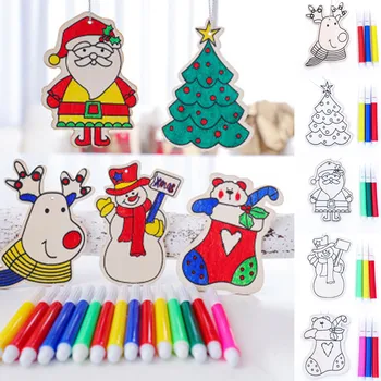 1pcs Drevené detské Vzdelávacie DIY Farbu Maľby Vianočné Ozdoby Cute Santa Graffiti Umenia, Remesiel Prívesky Vianočný Strom Dekorácie