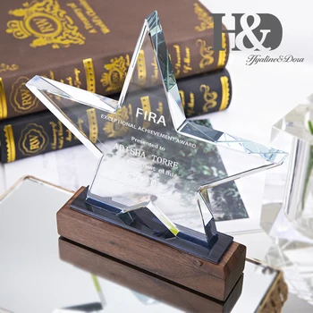 H&D Prispôsobené Crystal Trofej Prispôsobené Logo, Text, Laserom Vygravírované Jasné Paperweight Drevený Základ Ocenenia Suvenír Zdarma Gravírovanie