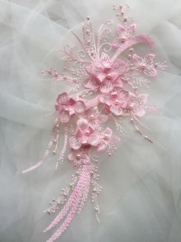 2 Kus 30*16 cm Elegantný 3D Kvet Embroiderey Pearl Korálkové Čipky Nášivka Čipkou Trim Šaty Textílie Materiál Zlatá/Champagne/Ružová