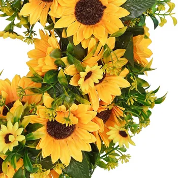 Umelé Slnečnice Lete Veniec-16-Palcové Ozdobné Falošné Kvetinový Veniec S Žlté Slnečnice A Zelené Listy Pre Predné Dvere Som