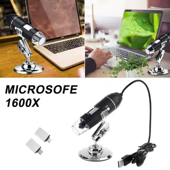 3-v-1 Digitálny Mikroskop 1600X Prenosné 2Adapters Podporu OSX Windows PC Typ-C Micro-USB Phone USB zväčšovacie sklo s 8LED